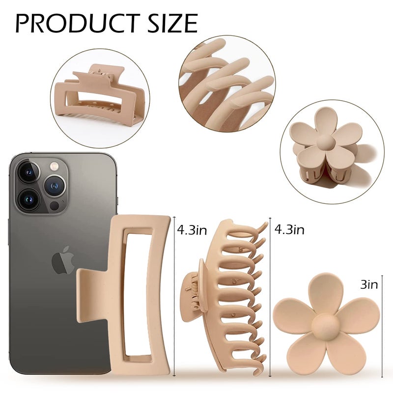 JANFUN Large Hair Claw Clips 12 Pack, Flower Hair Clips for Thin Hair, Big Square Matte Strong hold for Thick Hair, 3 Styles Hair Clips for Women Thick Hair Neutral Colors - Image 2